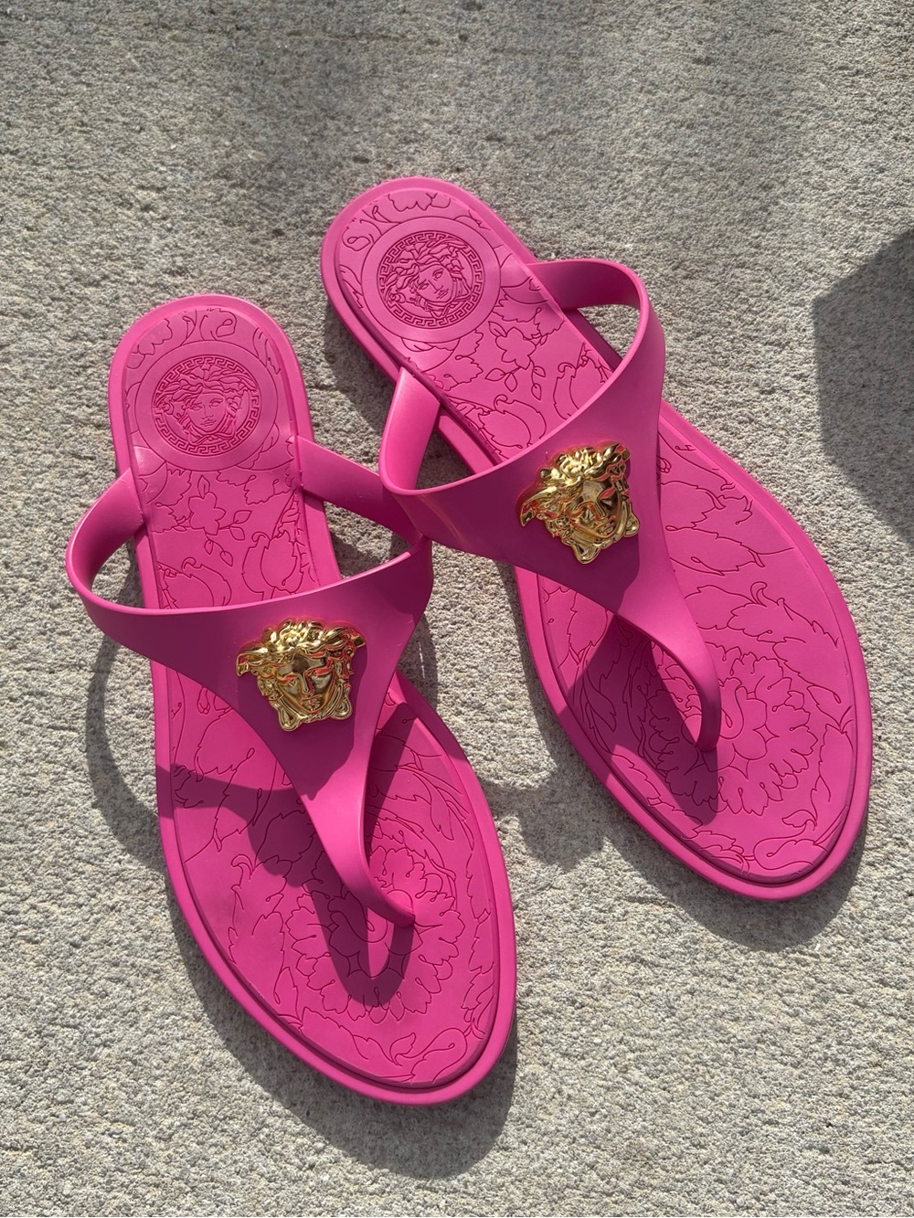 Versace Hot Pink Medusa Thong Sandals with Gold Emblem